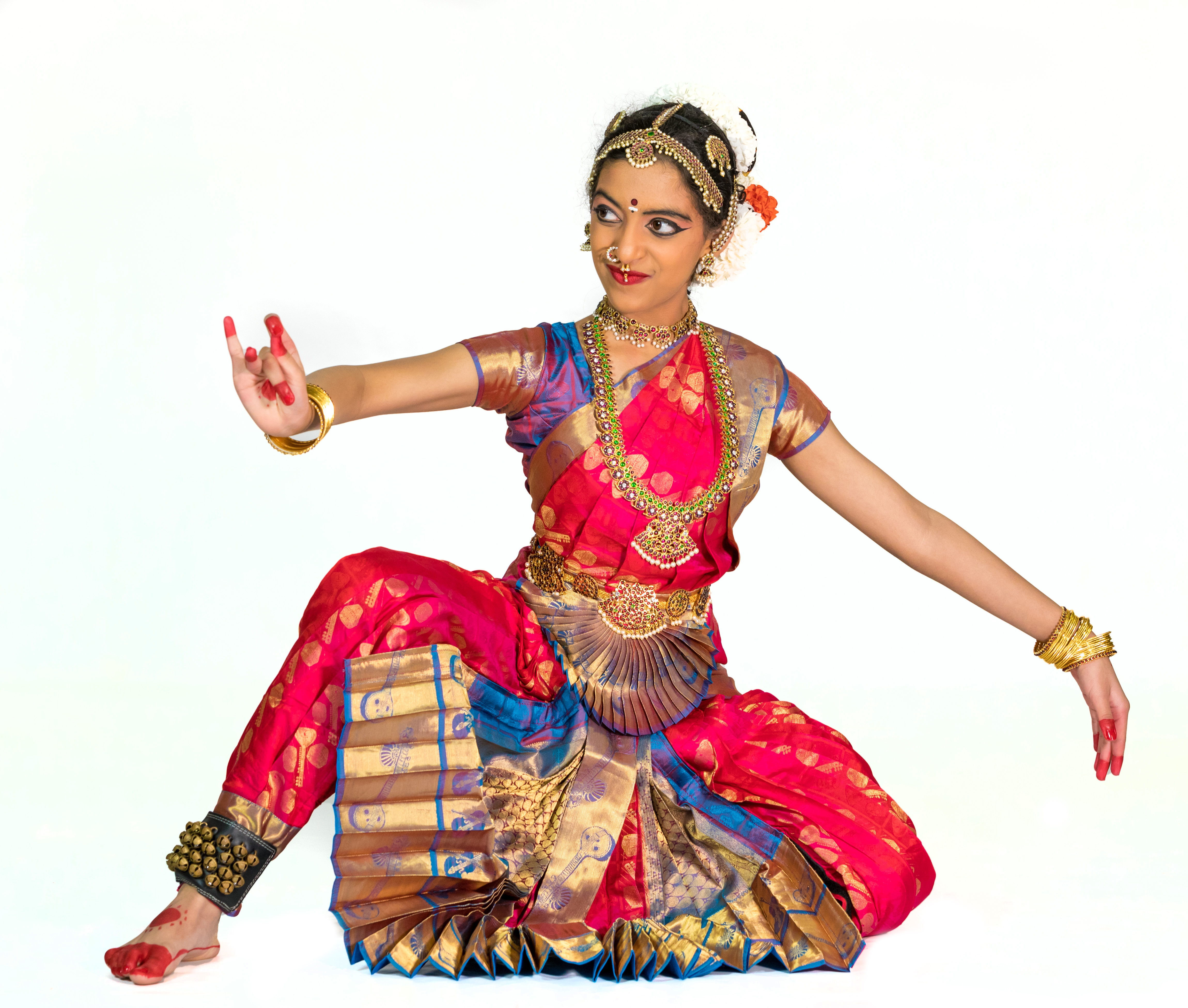 Aarushi Lakhi in a pink and blue Bharatanatyam costume looking at a parrot