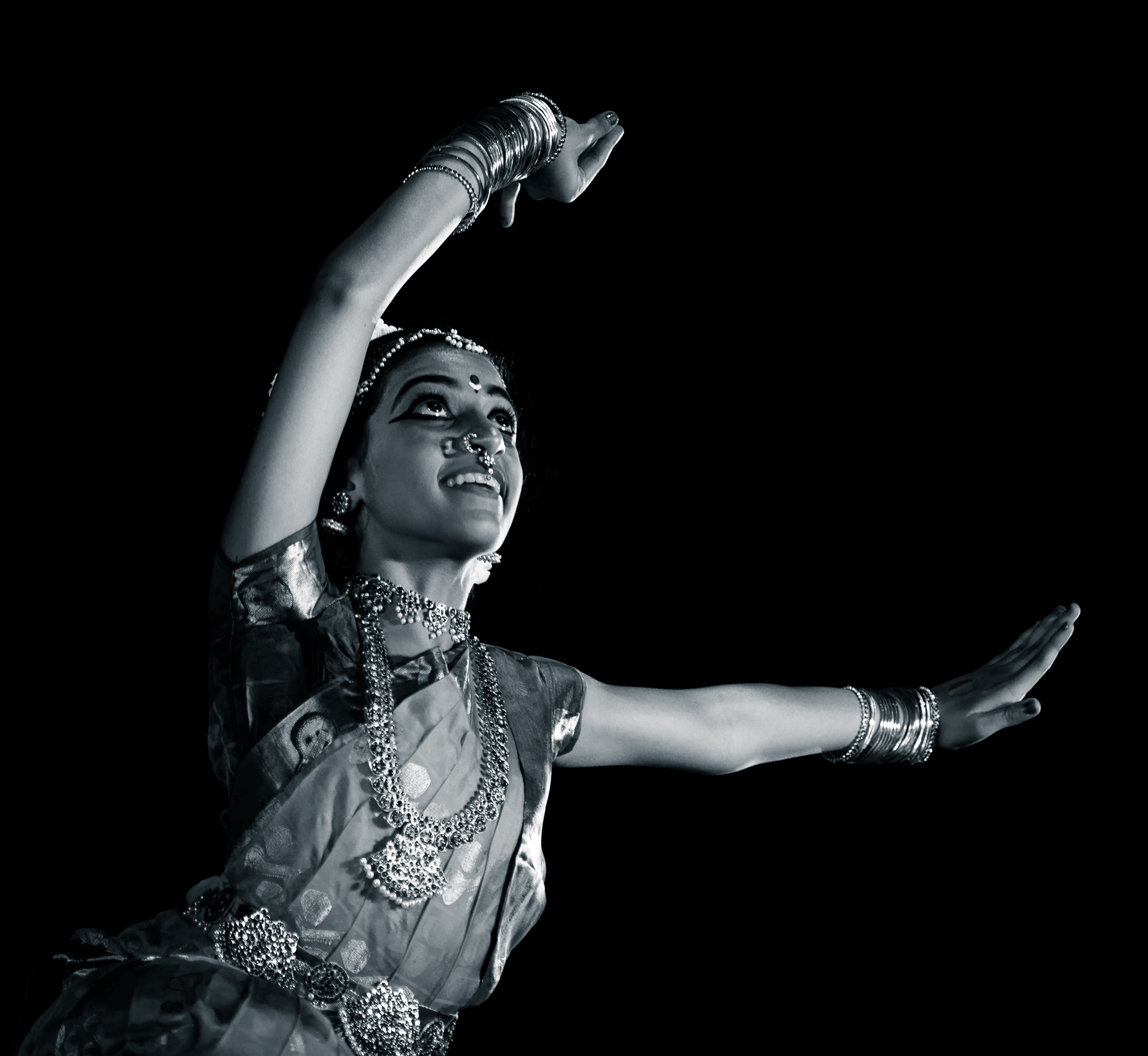 Closeup of Aarushi Lakhi dancing in black and white