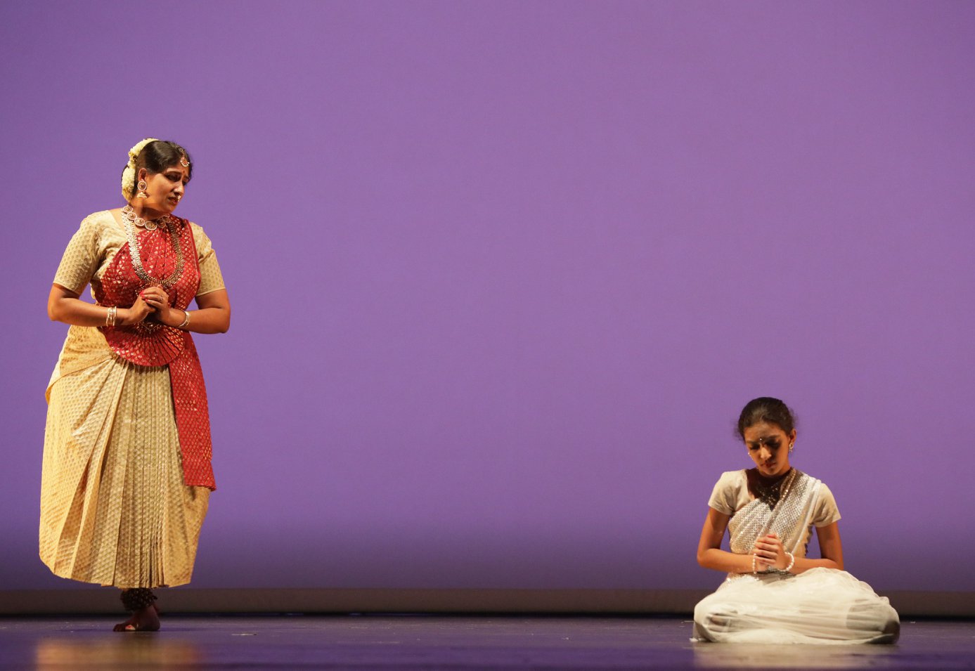 Aarushi with her dance teacher in Silambam Houston's production Kavya